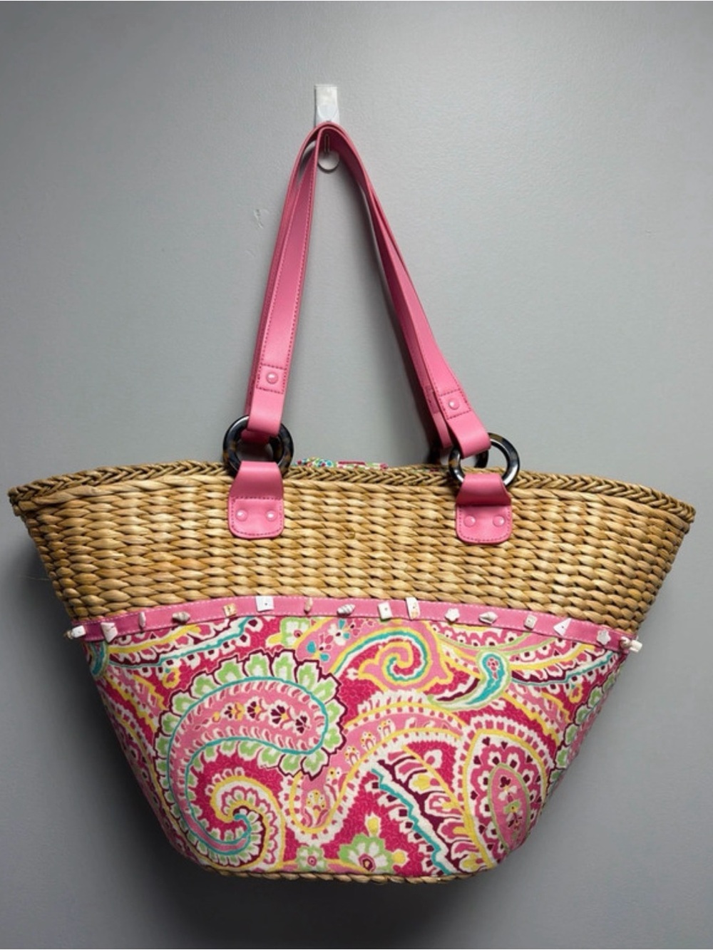 Vera Bradley Pink Straw Tote Bag Retired Capri Melon